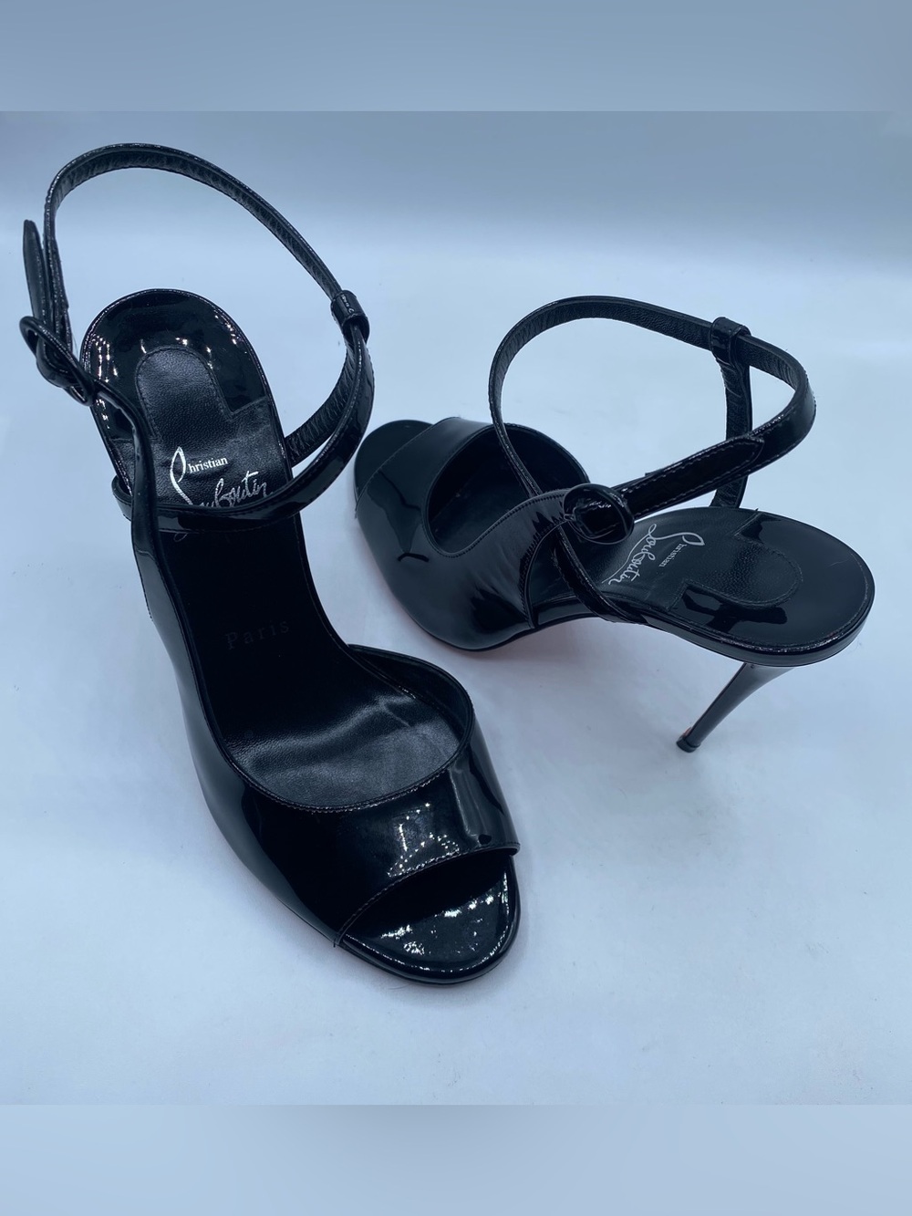 Christian Louboutin Black Patent Leather Peep-Toe Slingback Heels with Stiletto